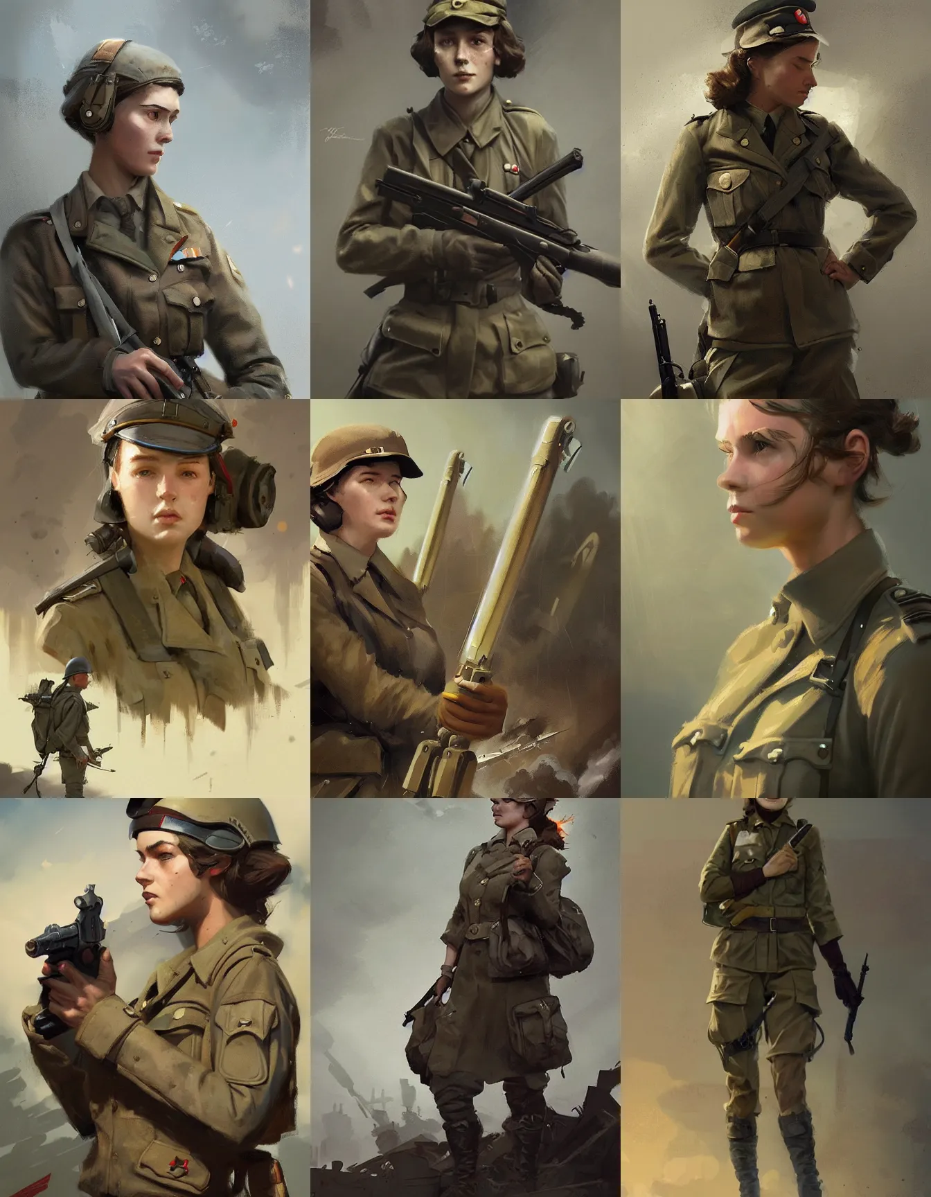 Prompt: young female ww 2 soldier, digital art by greg rutkowski, intricate, sharp focus, cinematic, epic, artstation