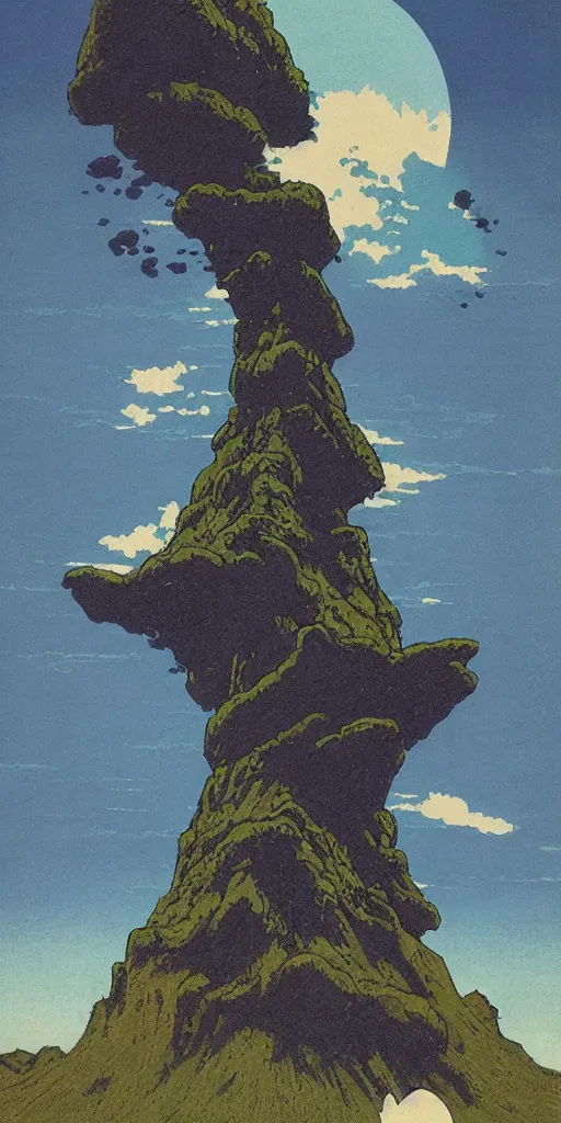 Image similar to an impossibly tall mountain that reaches the clouds, by vincent di fate nausicaa and ghibli