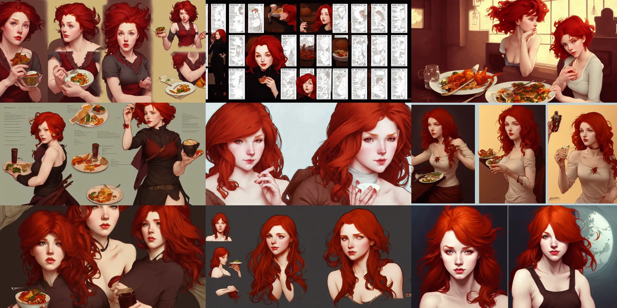 Prompt: redheaded girl eating dinner, character sheet, character design, contrast, deep focus, turnaround, highly detailed, dramatic lighting, digital painting, artstation, concept art, matte, sharp focus, illustration, elegant, art by artgerm and greg f and alphonse mucha.