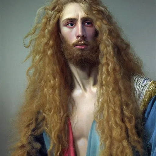 Image similar to a striking hyper real painting of Lucius the pretty pale androgynous prince with long fluffy curly blond hair by Jan Matejko