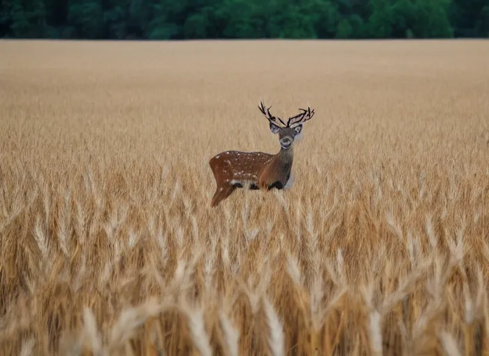 Image similar to A photo of a deer standing in a wheat field surrounded by a forest