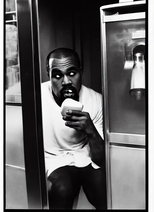 Image similar to Kayne West doing Cocaine in a phone booth by Garry Winogrand