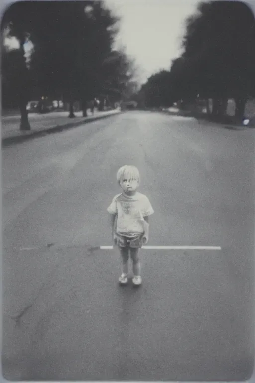 Prompt: polaroid photo of sad and lonely child in the middle of an empty street in a big city, wet collodion technique, photorealistic, 35mm film, lens 85mm, f2.8, black and white, polaroid, view camera.