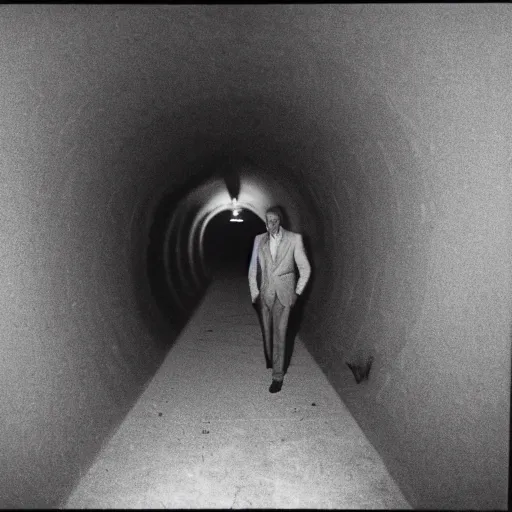 Image similar to a tall man shadow waiting at the end of a tunnel at night, found footage, 8 mm