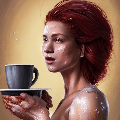 Image similar to an waitress with short sleeves holding coffee, muscular, sweaty skin, goddess, flowing red hair, wet, perfectly-centered-Portrait of a most beautiful woman it the world, intricate, highly detailed, digital painting, artstation, concept art, smooth, sharp focus, illustration, Unreal Engine 5, 8K, art by artgerm and greg rutkowski and alphonse mucha