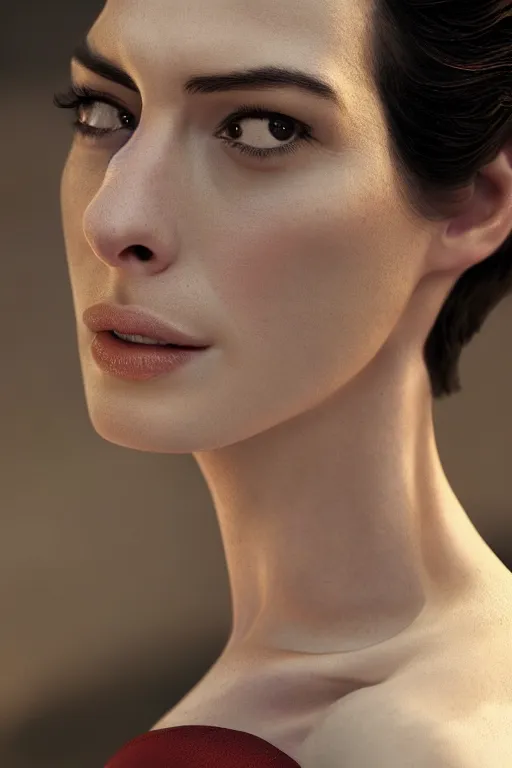 Image similar to a fancy close up of Man of Steel cast as Anne Hathaway by Greg Rutkowski, Sung Choi, Mitchell Mohrhauser, Maciej Kuciara, Johnson Ting, Maxim Verehin, Peter Konig, 8k photorealistic, cinematic lighting, HD, high details, dramatic, trending on artstation, full body shot