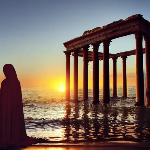 Image similar to A woman wrapped in billowing veils in the sea, under two gilded Roman columns made of human bones, sunset, super photo-realistic