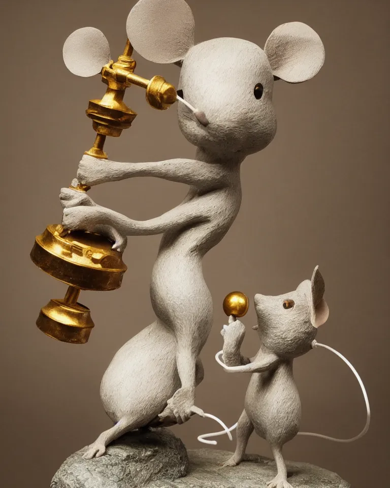 Prompt: a statue of a proud mouse standing on two legs and holding a round bell made with white and gold wire, trending on artstation