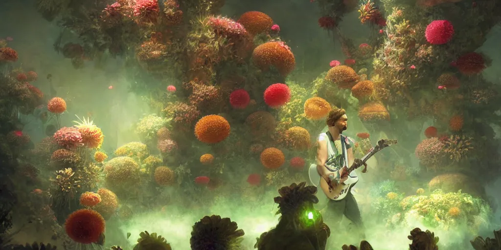 Image similar to digital artwork of anthromorphic sea urchin male, rock band, performing on stage full of beautiful flowers, guitar, advanced stage lighting, audience under stage waving green glow sticks, concept art, 8 k, by greg rutkowski, gaston bussiere, 3 d vray render, craig mullins, high detail, cinematic, ue 4, unreal engine