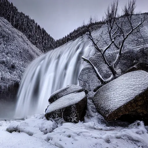 Prompt: beautiful waterfall in a winter scene mountain scape, award-winning photo, moody atmosphere