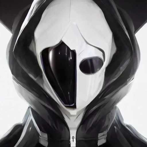 Image similar to full body portrait of a male character in sleek clothes, in a futuristic flowing white tailcoat, wearing a white insectoid mask with five round lenses for eyes, many eyes, dramatic lighting, illustration by Greg rutkowski, yoji shinkawa, 4k, digital art, concept art, trending on artstation