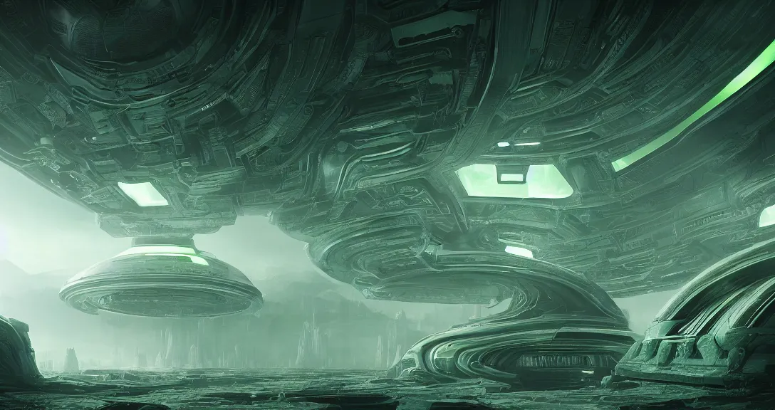 Image similar to breathtaking interior design, greenish colors, alien God throne room, sci-fi-interior-lighting, interplanetary-skyline-view, alien-UFO-design, alienpunk, alien, otherworldly, 4k, dramatic, cinematic, octane