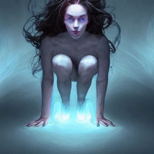 Image similar to Art station concept of a beautiful girls body kneeling in a dark cave, compulsion, Hypnosis, hypnotising, hypnotic eyes, light blue eyes, spiral eyes, symmetrical face, cybernetic features, by Stanley Artgerm Lau, WLOP, Rossdraws, James Jean, Andrei Riabovitchev, Marc Simonetti, and Sakimichan, trending on artstation