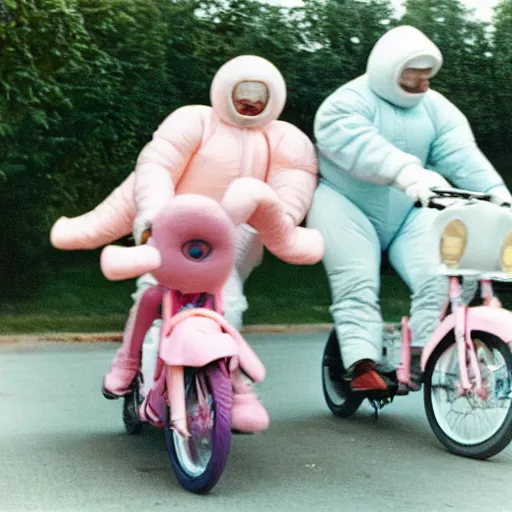 Prompt: a martin parr photo of a grandpa couple, wearing michelin man white body costumes, going super fast on a pink pig, 1 9 7 0 s kodachrome colour photo, flash on camera,