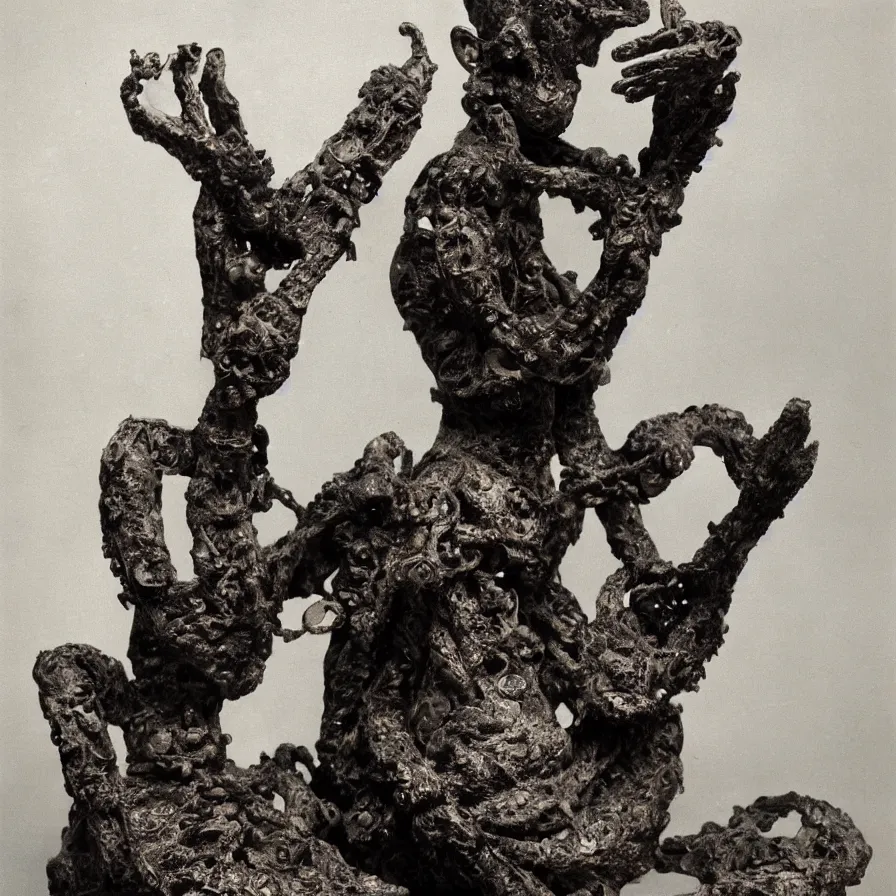 Prompt: extreme harsh lighting antique photograph of biomorphic surreal sculpture of a standing figure of a mourning survivor in an ivory cage, made of black plaster and old circuitry and stained with charcoal, fractal 3 d structure, sculpted by alexander rodchenko and eva hesse, photographed by francesca woodman, tragic grainy shallow depth of field high contrast shocking detail trending on artstation 8 k