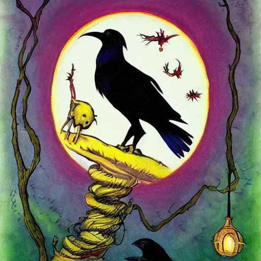 Image similar to fantasy painting of a raven by dr seuss | horror themed | creepy