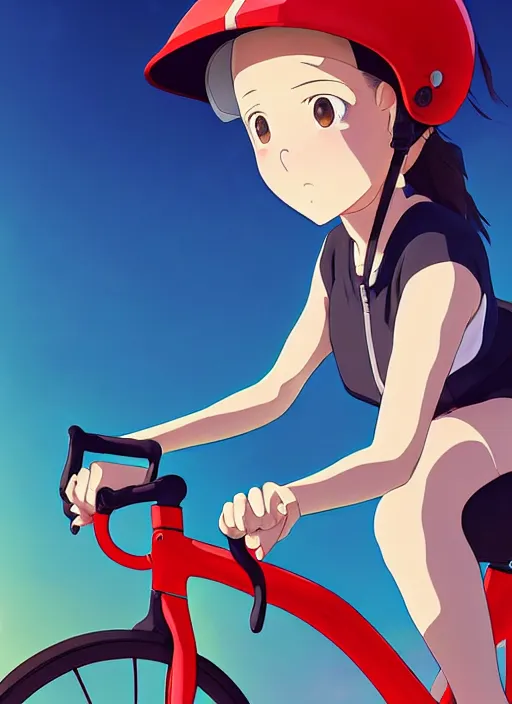 Prompt: portrait of cute girl riding road bike, sunny sky background, lush landscape, illustration concept art anime key visual trending pixiv fanbox by wlop and greg rutkowski and makoto shinkai and studio ghibli and kyoto animation, symmetrical facial features, sports clothing, road bike helmet, red cycling suit, backlit, aerodynamic frame, zwift