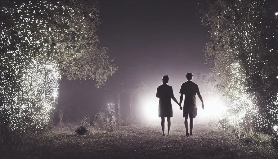 Image similar to a couple walking in the middle of fireflies in a poor neighbourhood, cinematic lighting, wow, establishing shot