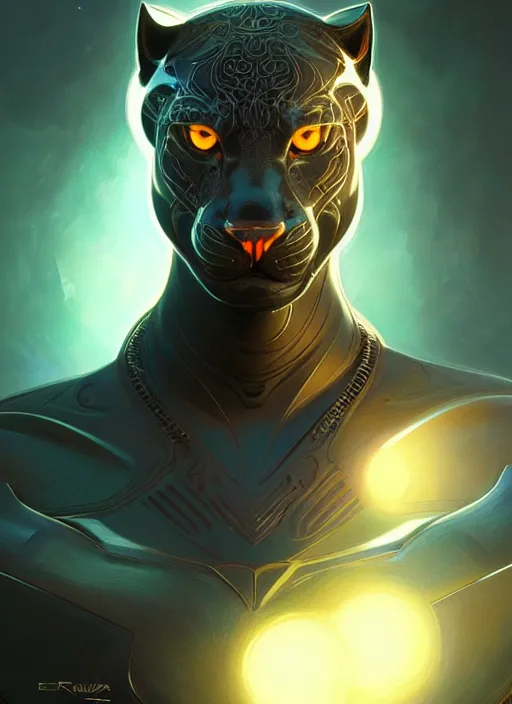 Prompt: portrait of a panther, sci - fi armour! muscular, glowing lights, intricate, elegant, highly detailed, digital painting, artstation, concept art, smooth, sharp focus, illustration, art by artgerm and greg rutkowski and alphonse mucha