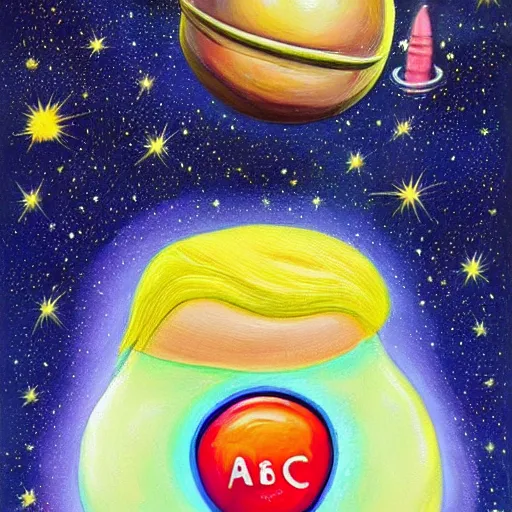 Image similar to a beautiful painting of donald trump as a jellybean in space, highly detailed