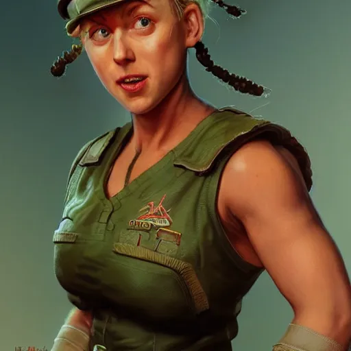 Image similar to kristen schaal as cammy street fighter, long blonde pigtails, ultra realistic, concept art, intricate details, highly detailed, photorealistic, octane render, 8 k, unreal engine, art by frank frazetta, simon bisley, brom