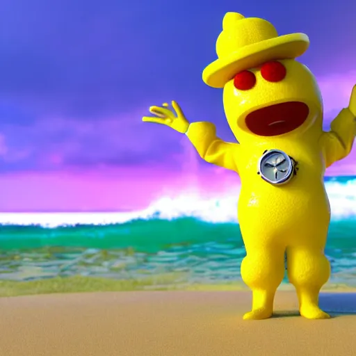 Image similar to 3 d octane render, of an anthropomorphic lemon character, with lemon skin texture, it is wearing a hat and scuba diving suit, building a sandcastle on the beach at sunset, beach, huge waves, sun, clouds, long violet and green trees, rim light, cinematic photography, professional, sand, sandcastle, volumetric lightening