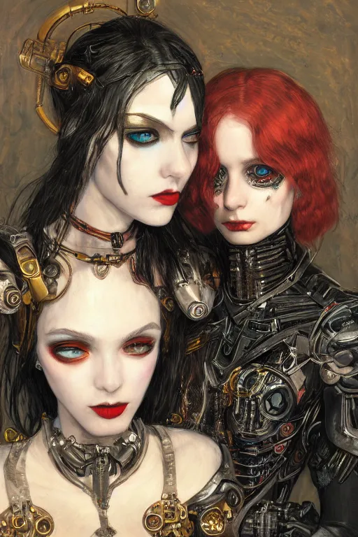 Prompt: portrait of two beautiful young gothic cyborg maidens, cyberpunk, Warhammer, kiss, highly detailed, artstation, illustration, art by Gustav Klimt