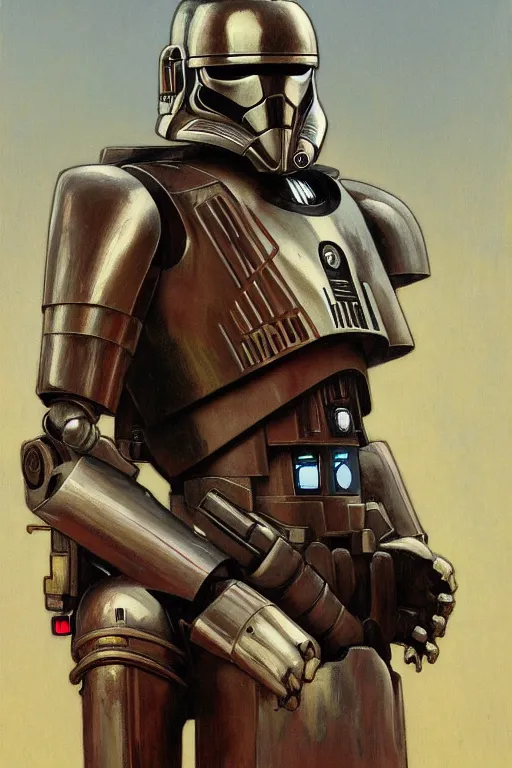 Image similar to a full body fantasy portrait oil painting illustration of a robot in battle worn armour by Justin Sweet and Greg Rutkowski and Alphonse Mucha with face and body clearly visible, Star Wars, sith, forgotten realms, artstation trending, high quality, sombre mood, artstation trending, muted colours, no crop, entire character!,