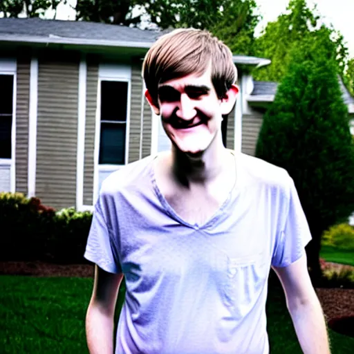 Image similar to bo burnham outside of his house, smiling and dancing