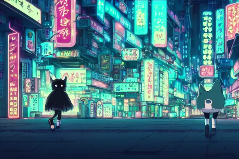 Image similar to cinematic studio ghibli shot of adorable black kitten walking through neon cyberpunk neo - tokyo, studio ghibli, hayao miyazaki, anime, detailed, 4 k, high definition