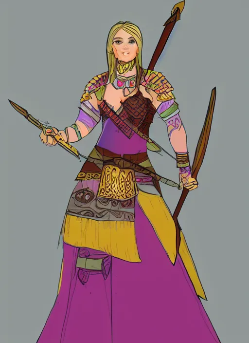 Image similar to a full body concept art of a warrior princess in colorful clothing