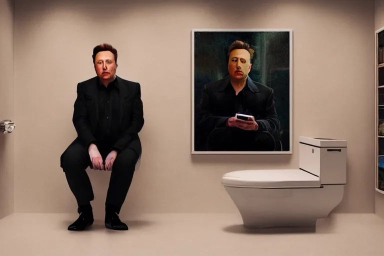 Image similar to hyperrealism aesthetic ridley scott and denis villeneuve style portrait photography of a detailed hyperrealism elon musk, siting on a detailed hyperrealism toilet and scrolling his detailed smartphone in hyperrealism scene from detailed art house movie in style of alejandro jodorowsky and wes anderson