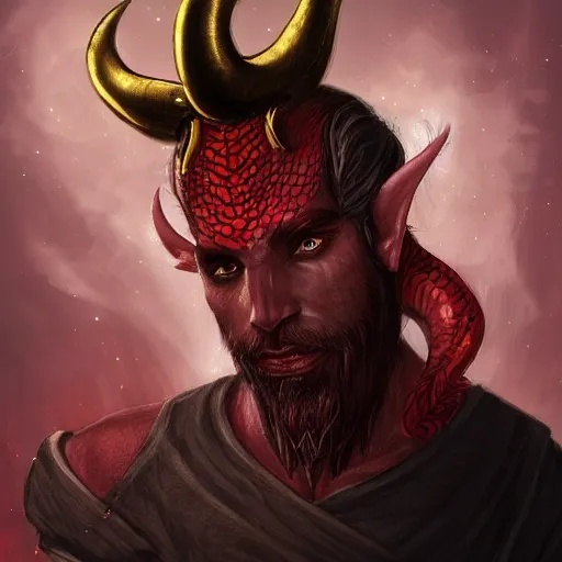 Image similar to dnd style portrait of a tiefling, male, red scales, red skin, a big black beard, completely golden eyes, 2 black ram horns growing out of his forehead,