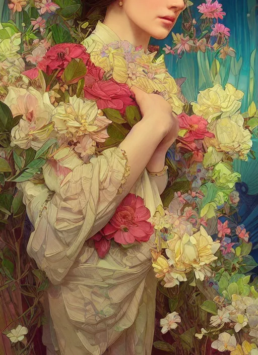 Image similar to Gardenia flowers, colorful, psychedelic, intricate, elegant, highly detailed, digital painting, artstation, concept art, smooth, sharp focus, illustration, art by artgerm and greg rutkowski and alphonse mucha