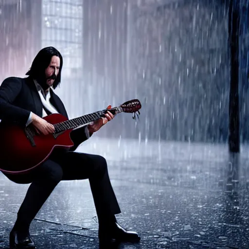 Image similar to john wick playing a guitar in the rain, photorealistic, realistic, dramatic, cinematic, photography