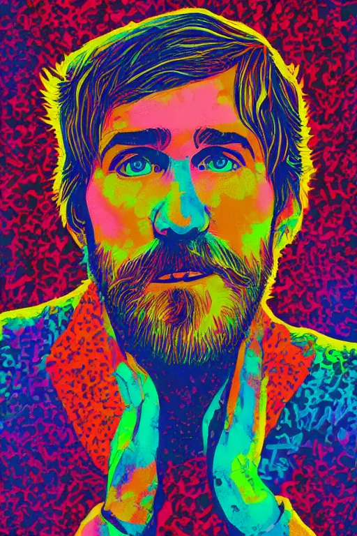 Image similar to inspirational style hope poster of bo burnham with beard, psychedelic colors, highly detailed, realistic, loving