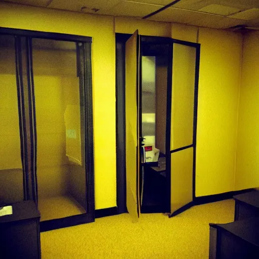 Image similar to low quality photo of the backrooms, mono - yellow old moist carpet randomly connected infinite empty office space yellow colors warm light ominous yellow wallpaper 9 0 s