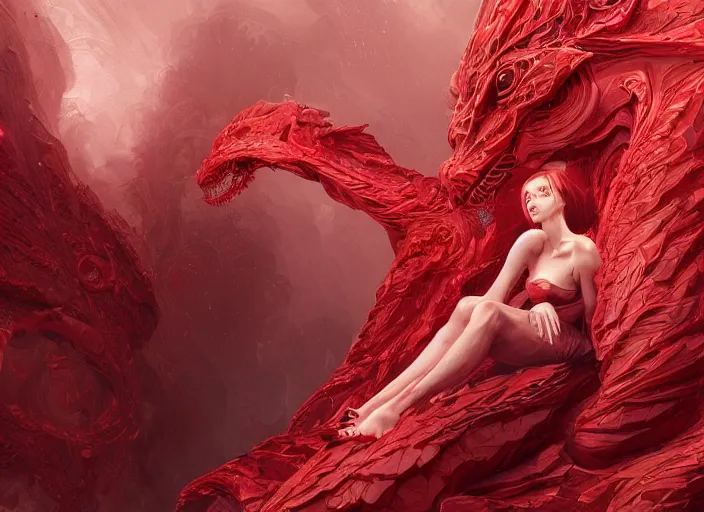 Image similar to woman loves sitting upon a scarlet coloured beast, pain, light effect, hyper detailed, intricate, elegant, highly detailed, digital painting, artstation, concept art, matte, sharp focus, illustration, by james jean, andrei riabovitchev, marc simonetti, yoshitaka amano