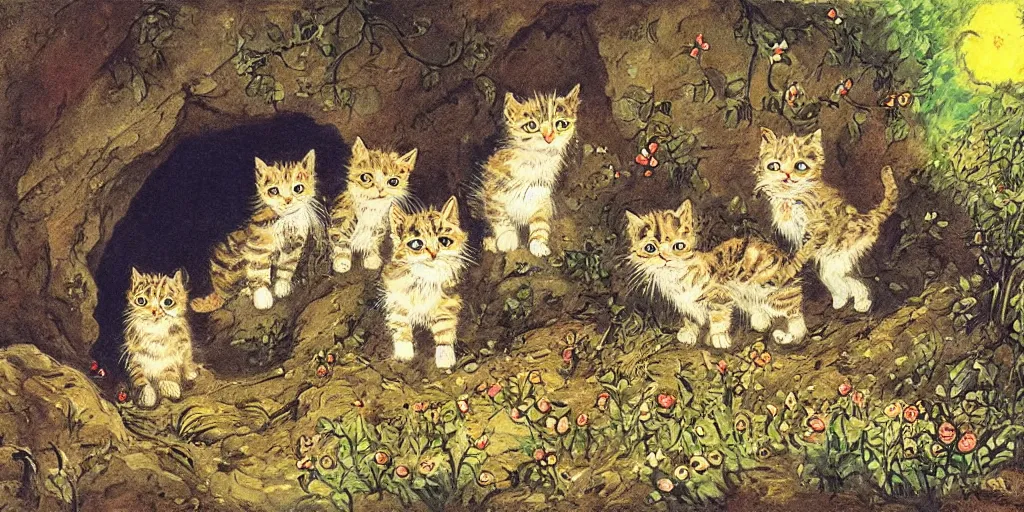 Prompt: kittens explore a haunted cave, victorian illustration, painted by louis wain
