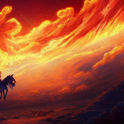 Image similar to a beautiful ultradetailed anime illustration of a man in Biblical clothing flying in the sky on his fiery chariot, desert background chariot on fire, horses on fire by makoto shinkai, anime wallpaper 4k, prismatic