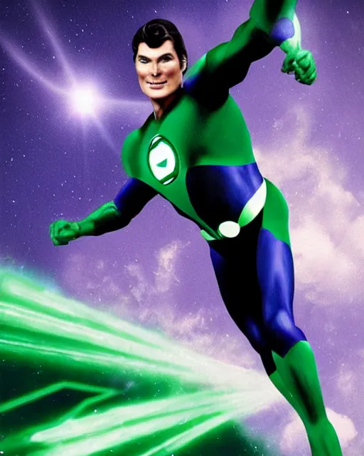 Image similar to photos of actor Christopher Reeve as a Green Lantern soaring thru outer space, photogenic, spit-curl in hair, particle effects, photography, studio lighting, cinematic, photorealistic, trending artstation