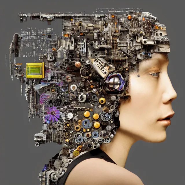 Image similar to profile portrait of a woman, computer parts, mechanical parts, by giuseppe arcimboldo, cyberpunk, futuristic, psychedelic, surreal, sci - fi, dreamlike, fantasy.