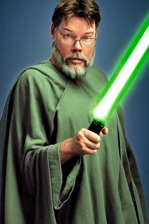 Image similar to photorealistic!! actor jonathan frakes as a jedi knight, olive jedi robe, holding a green lightsaber, film quality