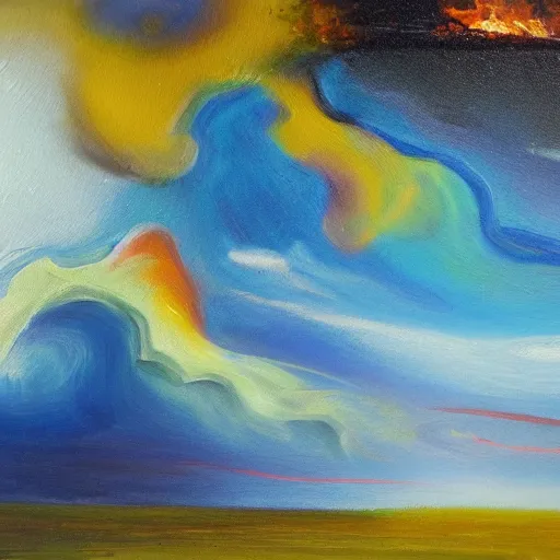 Image similar to landscape oil painting consisting of fire, earth, wind and water