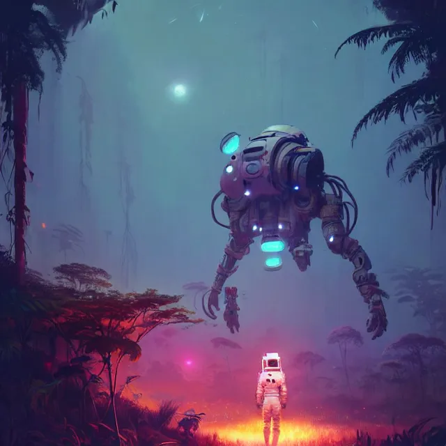 Image similar to an astronaut with a skull head, surrounded by bio - luminescent, glowing peaceful serene sentient solarpunk, plants, fauna, deep jungle. in the style of horizon zero dawn, scattered glowing pink fireflies, by greg rutkowski, beeple, sharp focus, digital painting, concept art