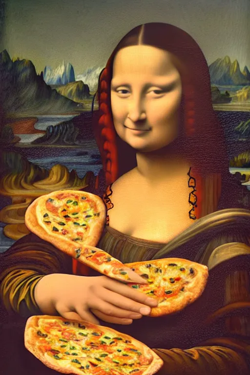 Prompt: natural light, painting of a beautiful woman holding a slice of pizza, near her face, in the artistic style of mona lisa