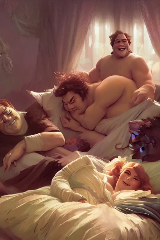 Image similar to pushkin and shrek lying in bed together, portrait, highly detailed, digital painting, artstation, concept art, smooth, sharp focus, illustration, cinematic lighting, art by artgerm and greg rutkowski and alphonse mucha