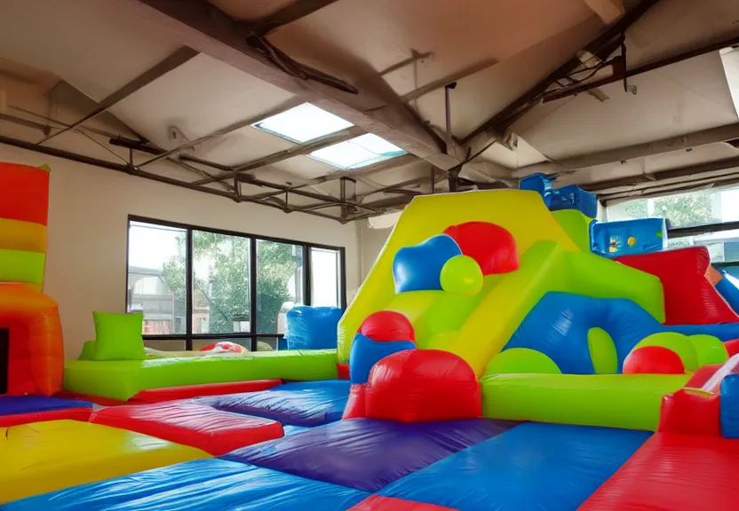 Image similar to A bouncy house with a ball pit and a trampoline inside a big empty room with light coming through windows