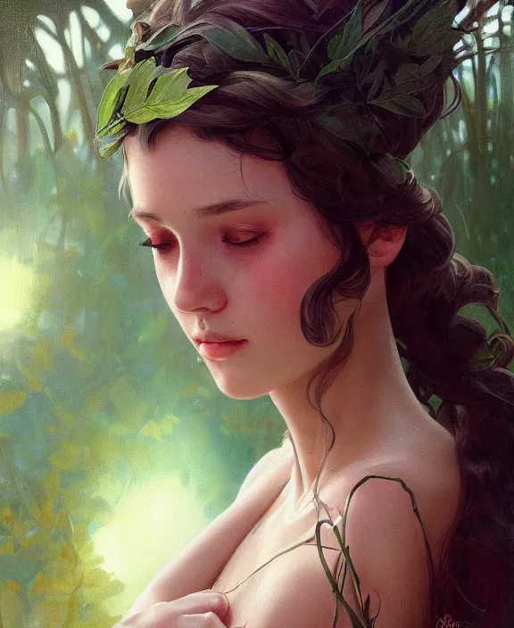 Prompt: teen girl in dress made of leaf, realistic portrait, highly detailed, digital painting, artstation, concept art, smooth, sharp focus, illustration, cinematic lighting, art by artgerm and greg rutkowski and alphonse mucha and boris vallejo and frank frazetta