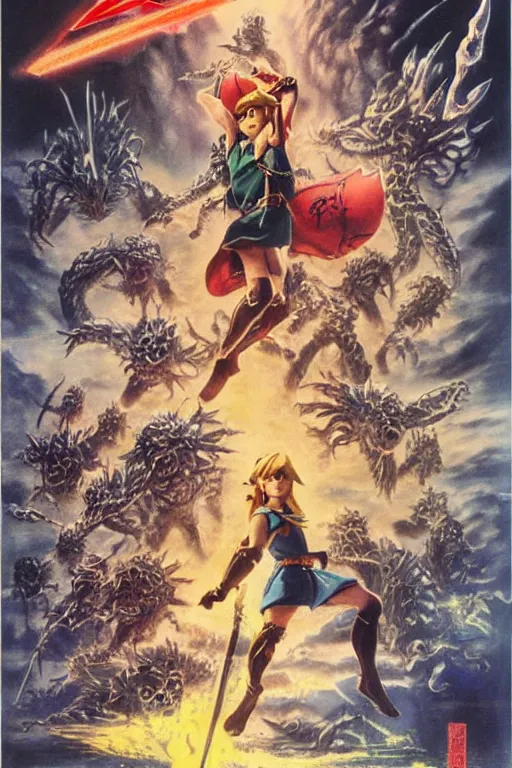 Image similar to Movie poster for of link versus zelda kaiju , by Noriyoshi Ohrai